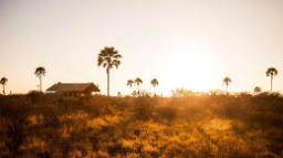 Außenansicht eines Zeltchalets im Camp Kalahari in Botswana | Abendsonne Afrika