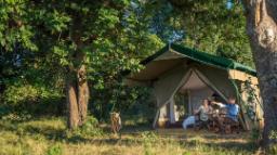 Zelt in der Wildnis in Johns Camp in Simbabwe | Abendsonne Afrika 