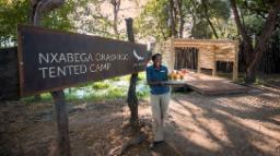 Empfang des Nxabega Okavango Tented Camp in Botswana | Abendsonne Afrikana